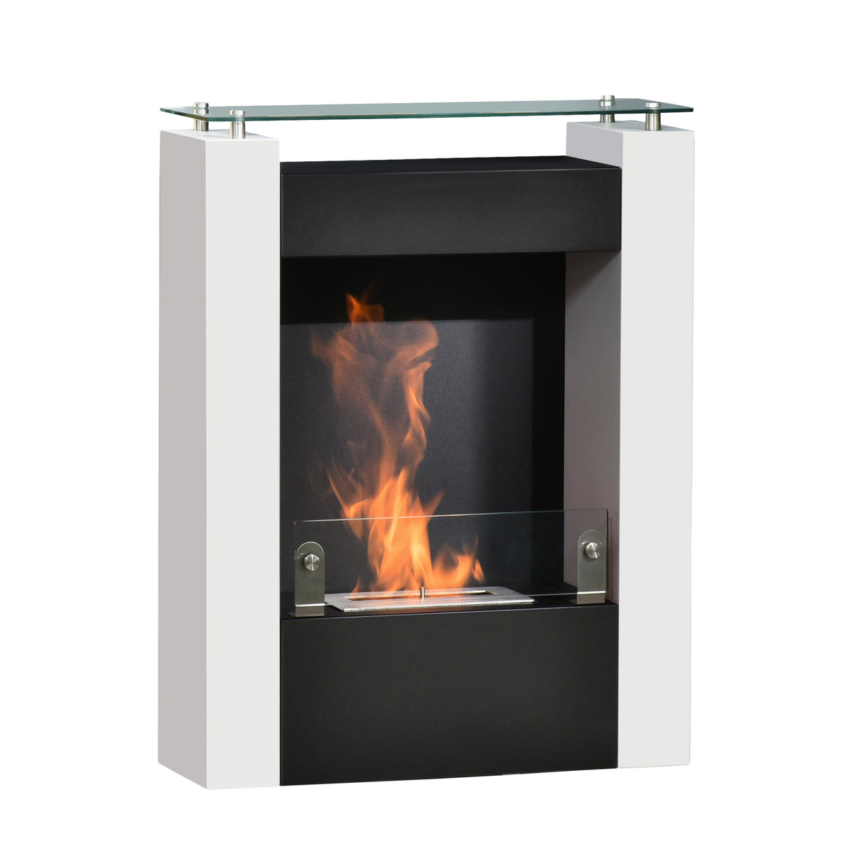 Cheminée bioéthanol brûleur 0,9 L avec plateau de rangement en verre trempé 60 x 20 x 79 cm Acier Noir et Blanc-0