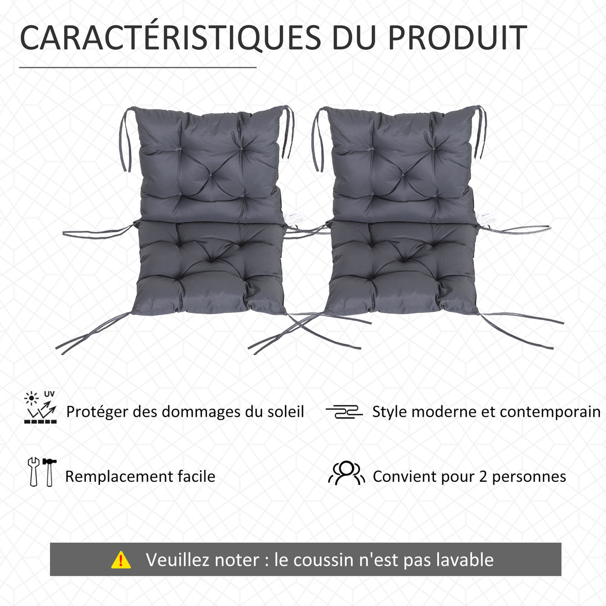 Lot de 2 coussins de chaise d'extérieur, galette de chaise avec attaches, coussins de jardin pour terrasse ou balcon, 98 x 50 x 8 cm, gris-5