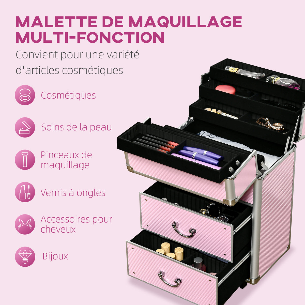 Valise trolley maquillage mallette cosmétique vanity poignée télescopique réglable 36L x 23l x 58H cm alu ABS rose-3