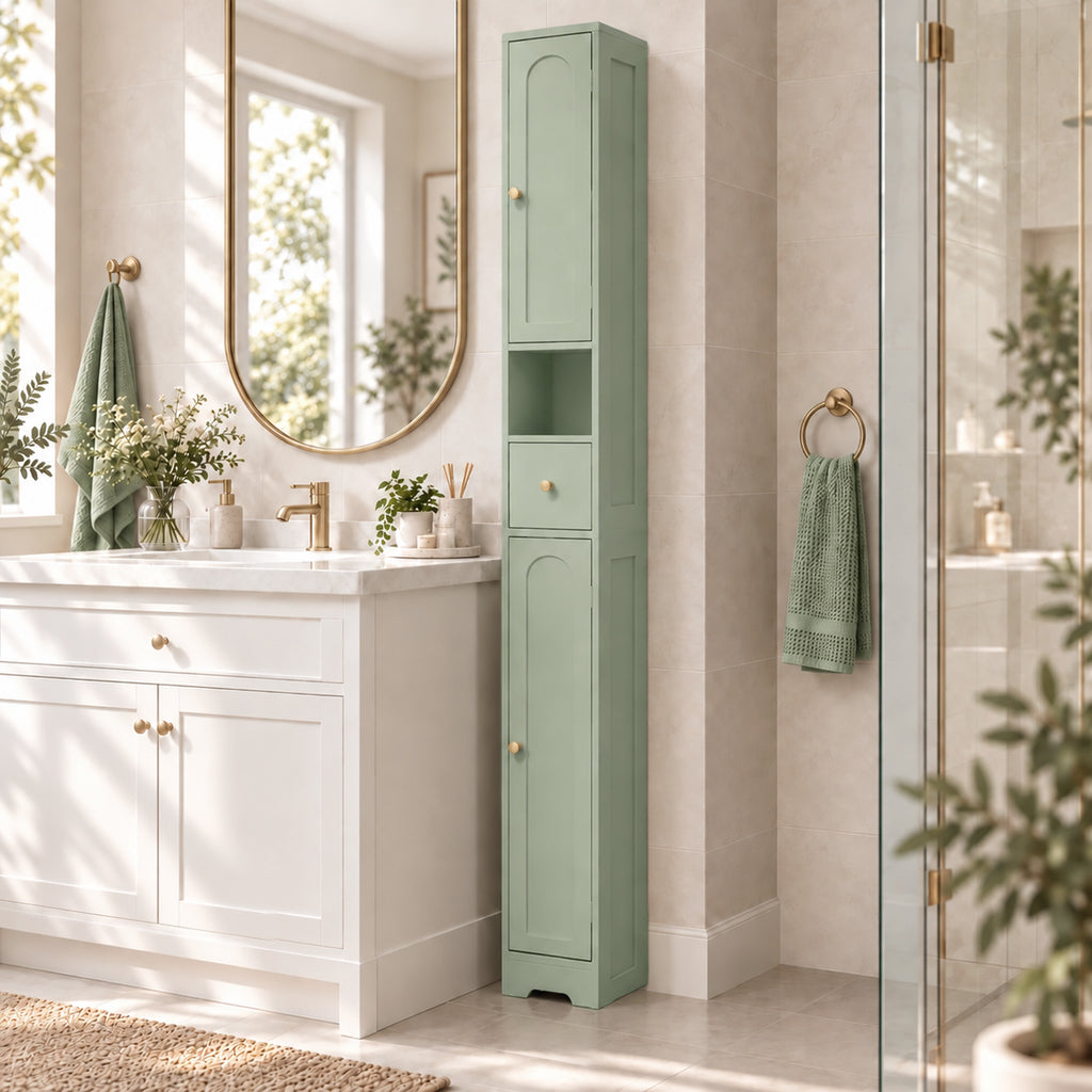 Meuble colonne salle de bain, meuble de rangement, 2 portes, tiroir, compartiment ouvert, étagère réglable, vert-1
