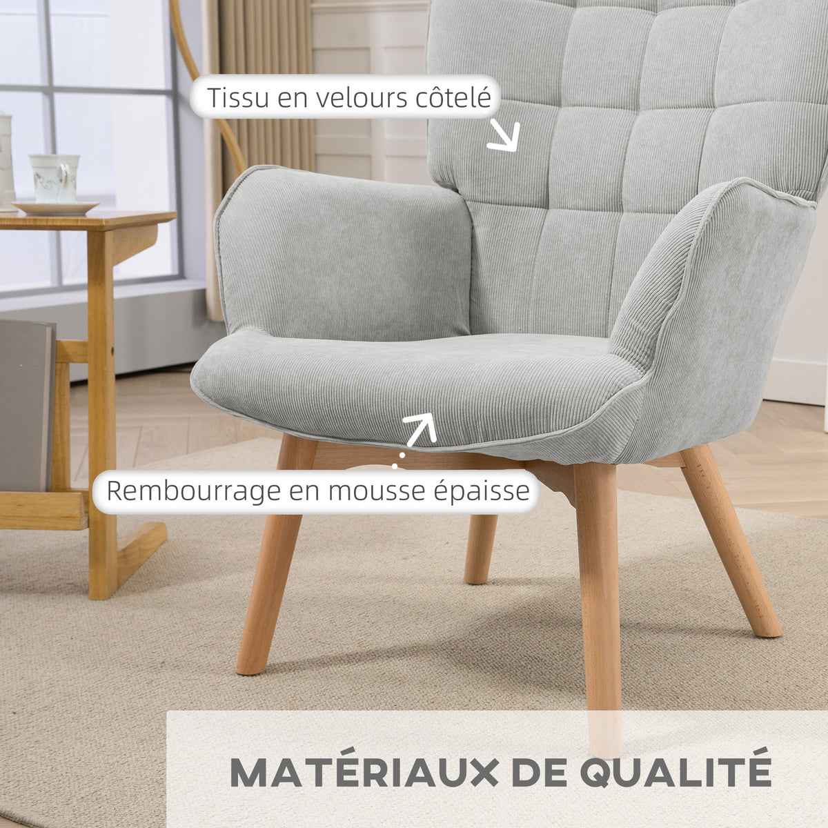 Fauteuil avec repose pied, dossier haut, pieds en bois et tissu aspect velours côtelé, pour salon chambre à coucher gris-3