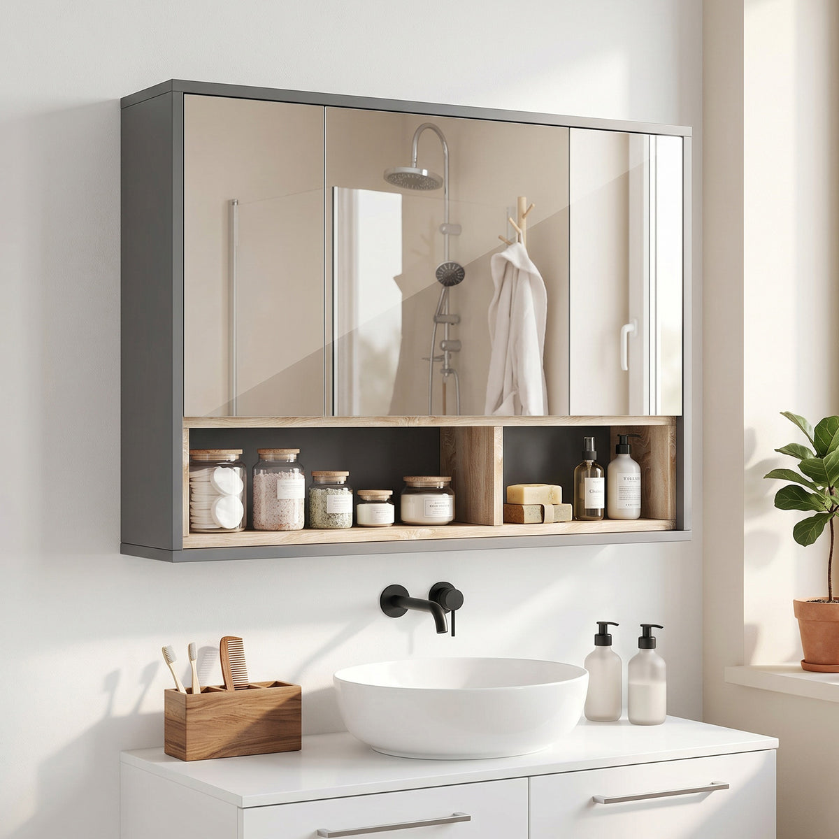 Meuble salle de bain avec miroir, armoire toilettes murale avec placards à 3 portes et 8 compartiments, gris-1
