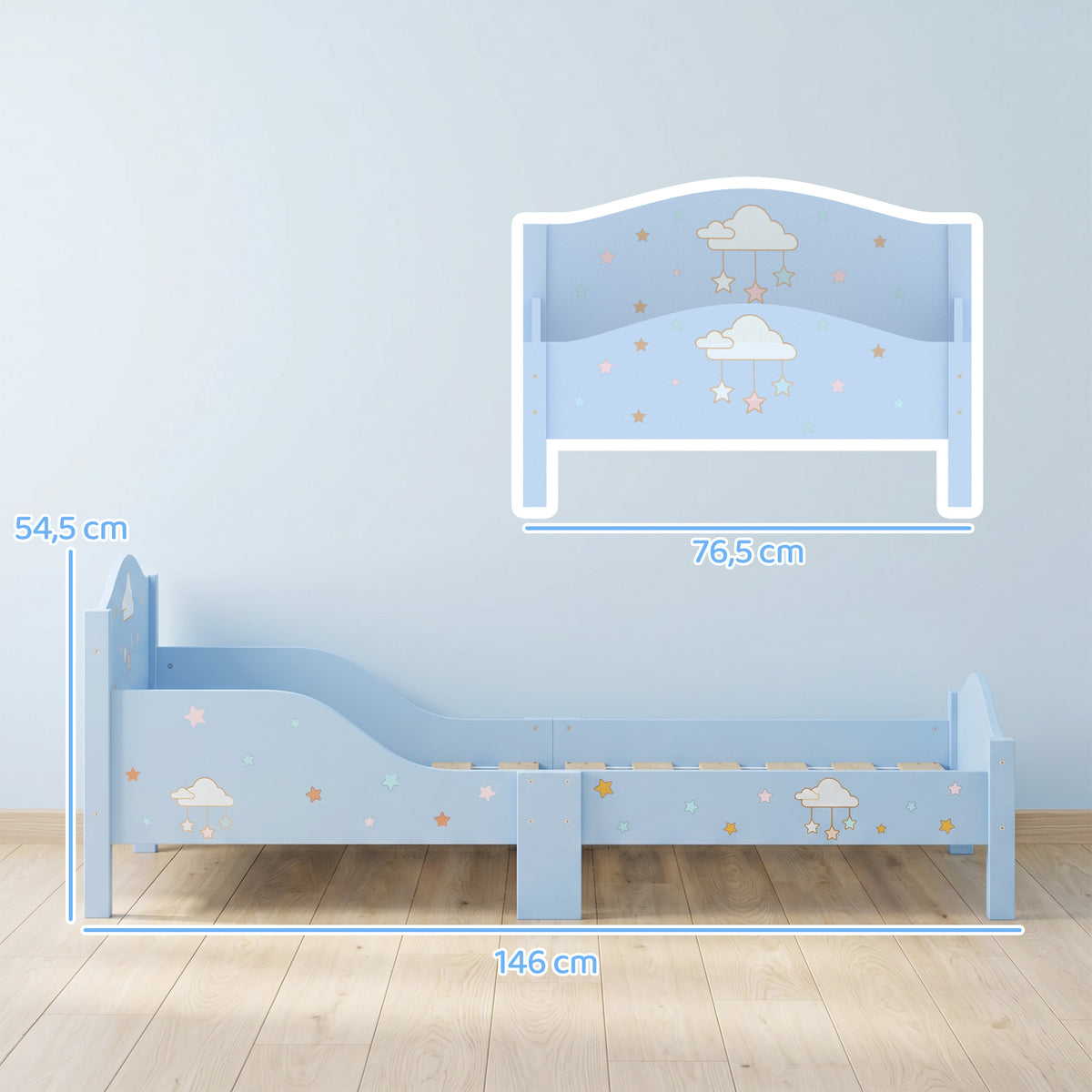 Lit Enfant 70 x 140 cm, Lit pour Enfant avec Barrière de Sécurité et Sommier à Lattes en Bois, Motif Nuage, Bleu-2