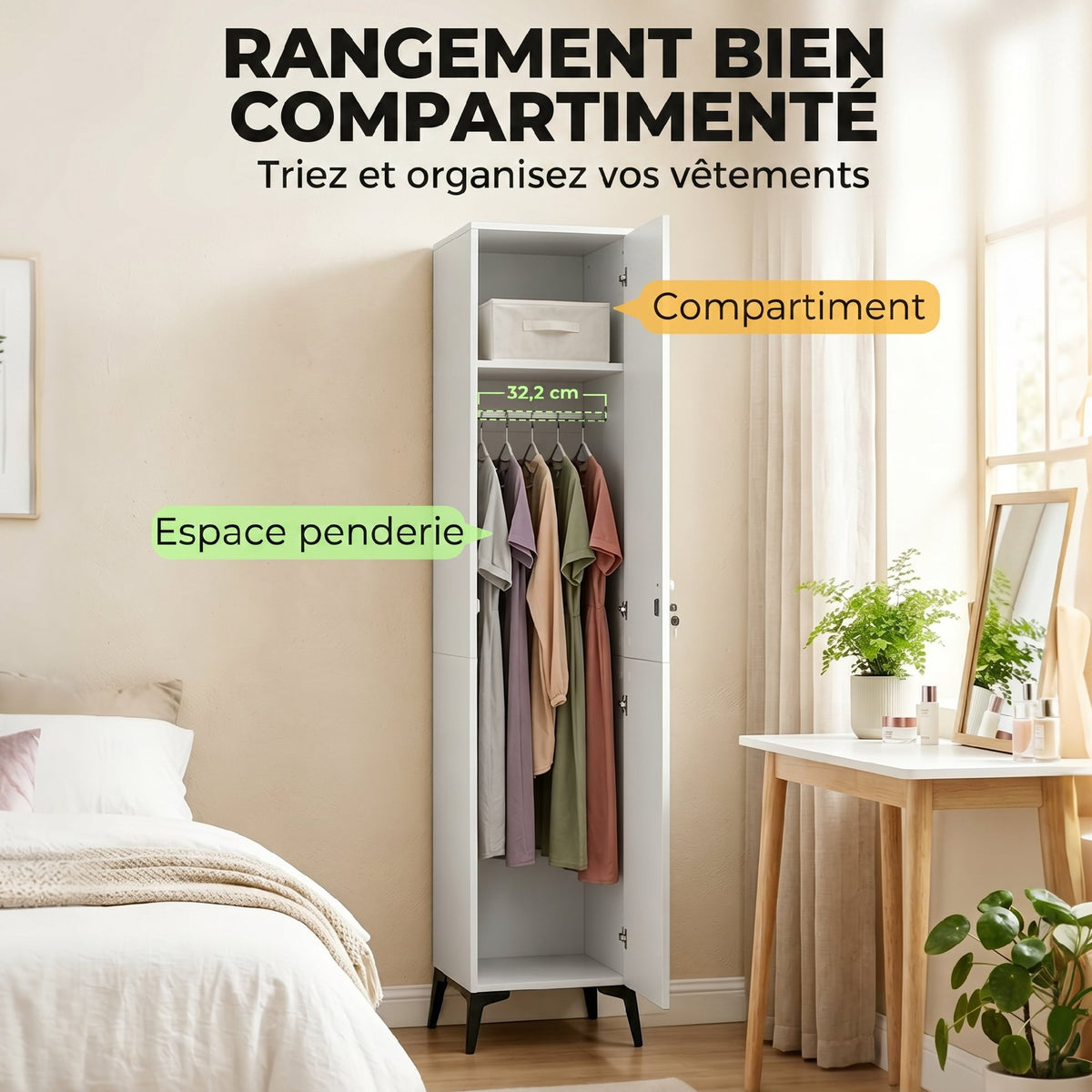 Armoire chambre étroite penderie avec porte, tringle et étagères de rangement, 36 x 40 x 180 cm, blanc-4