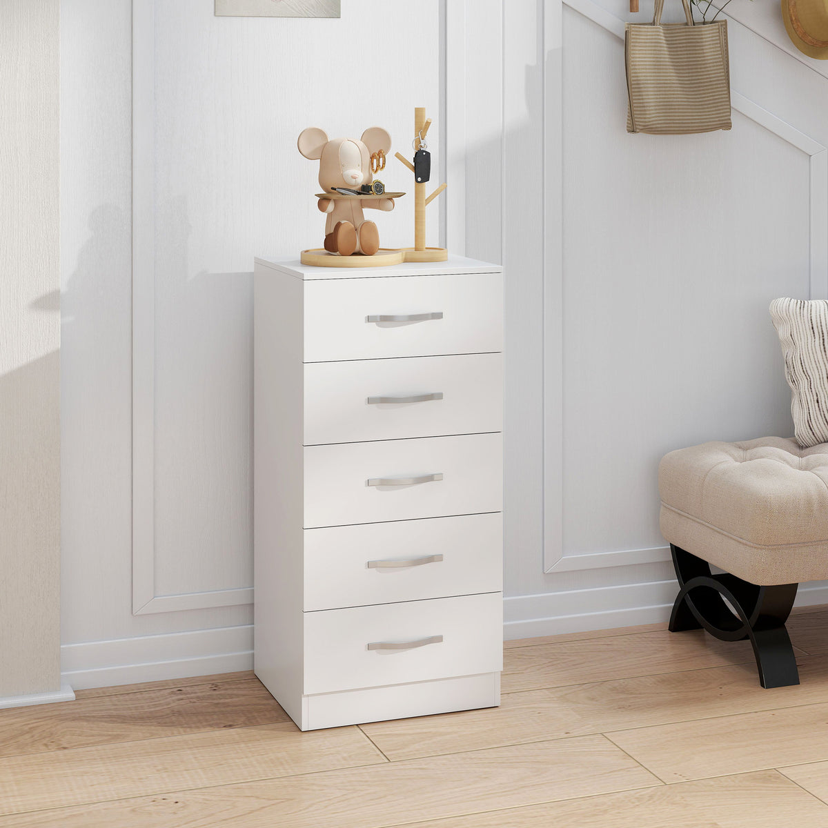 Commode 5 tiroirs, meuble de rangement étroit, style moderne, pour chambre à coucher, salon, couloir, 40x35x85cm, blanc-8