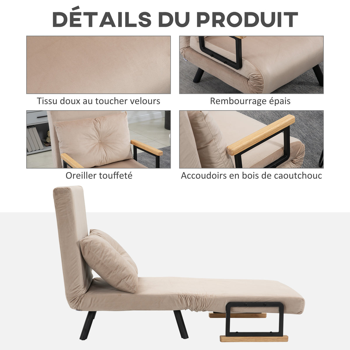 Fauteuil convertible 3 en 1 lit 1 place dossier 5 positions, accoudoirs en bois et coussin, tissu effet velours, beige-5