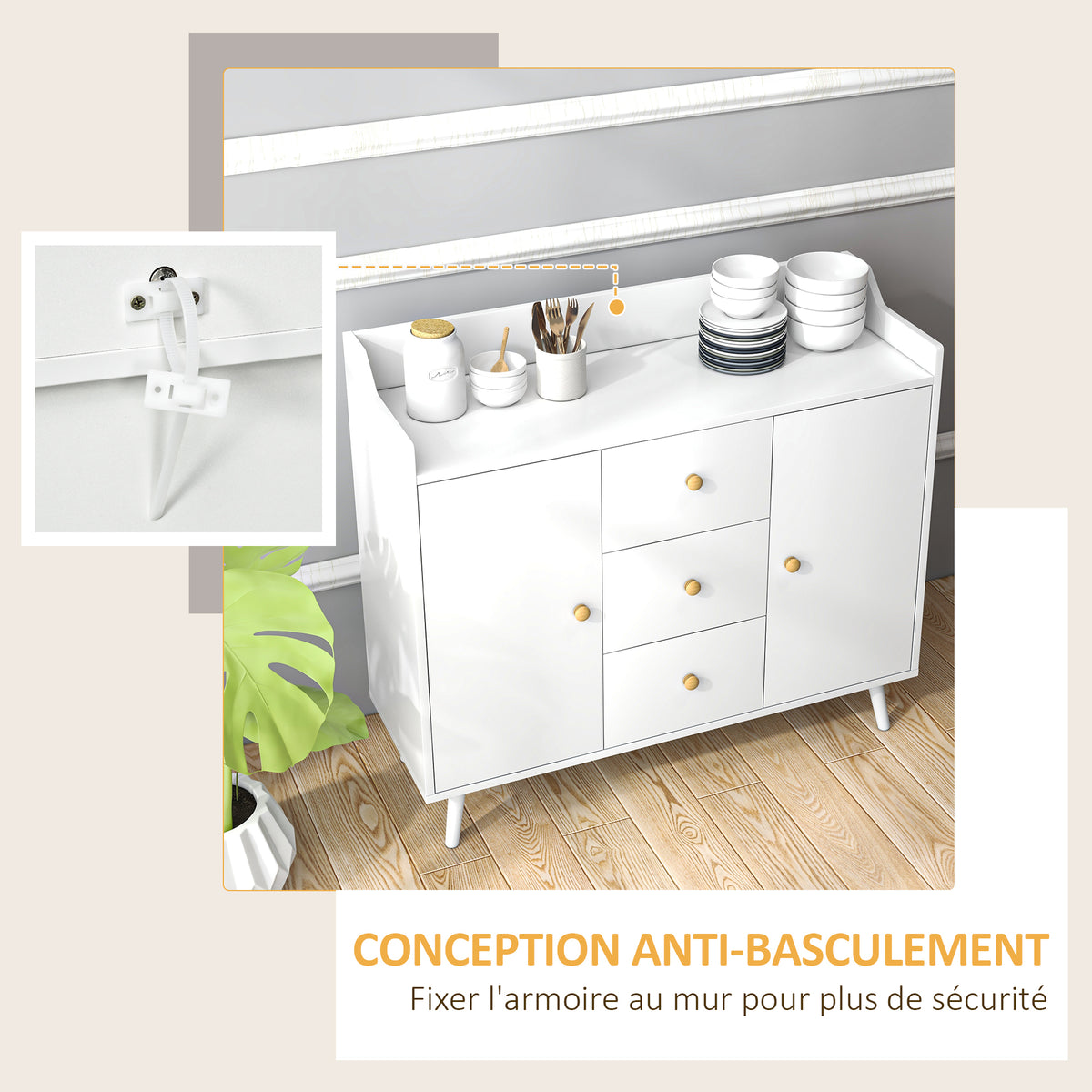 Buffet, meuble de rangement avec 2 portes, 3 tiroirs et pieds en bois massif, style moderne, 90 x 32 x 80 cm, blanc-4