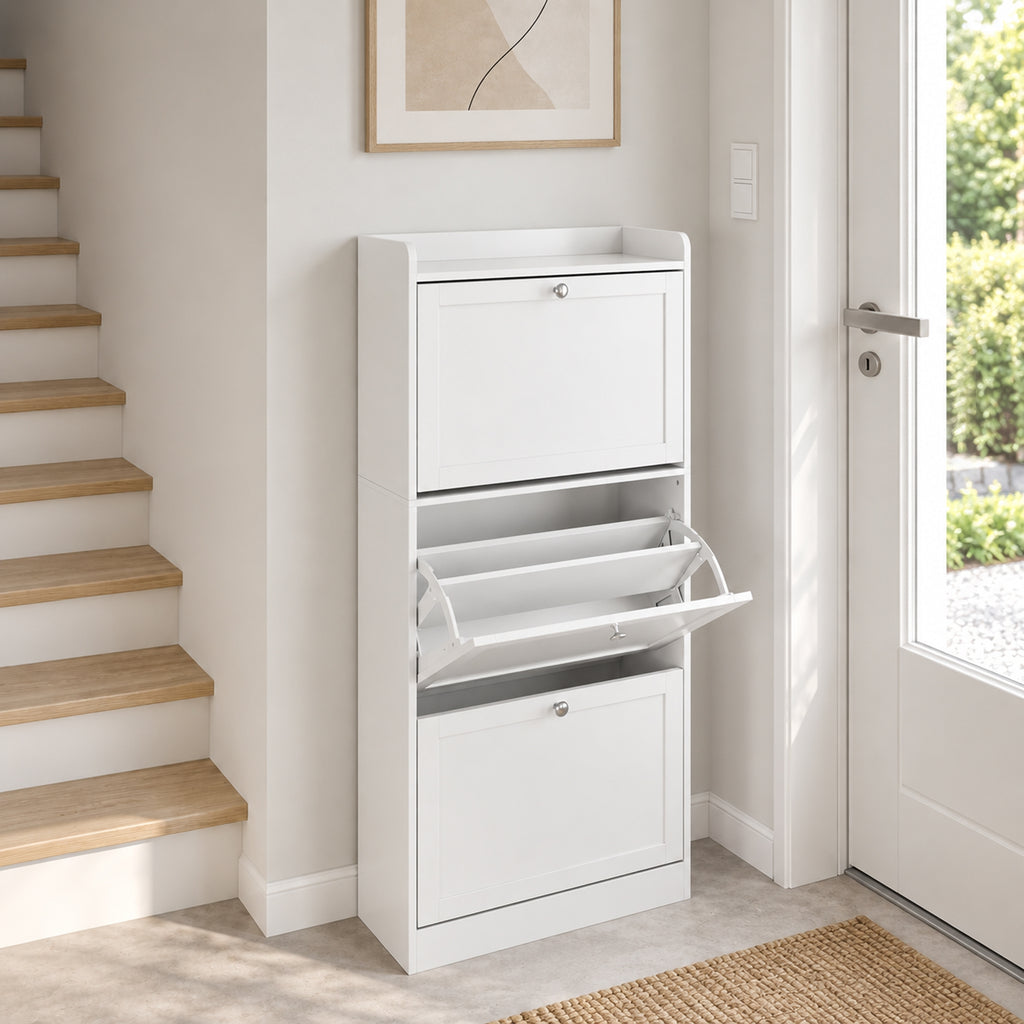 Meuble à Chaussures 15 Paires, Armoire à Chaussures avec 3 Tiroirs, Étagères Réglables et Plateau Supérieur, Blanc-1