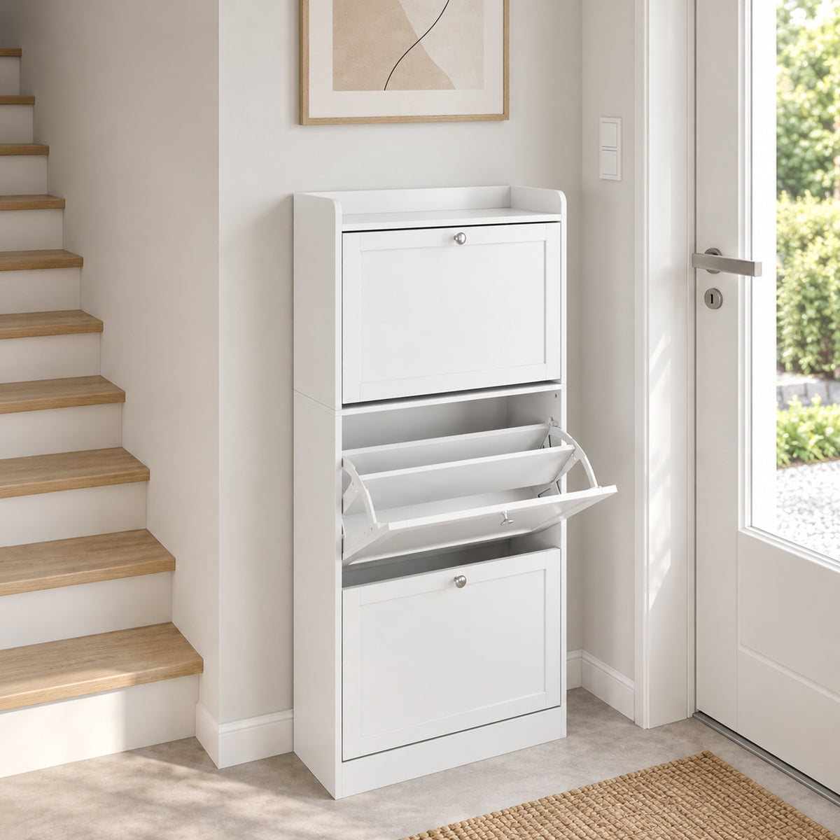Meuble à Chaussures 15 Paires, Armoire à Chaussures avec 3 Tiroirs, Étagères Réglables et Plateau Supérieur, Blanc-1