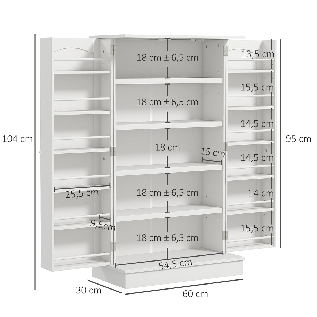 Armoire meuble de cuisine garde-manger 2 portes avec 5 étagères et 12 porte-épices - 60 x 30 x 104 cm - blanc-2