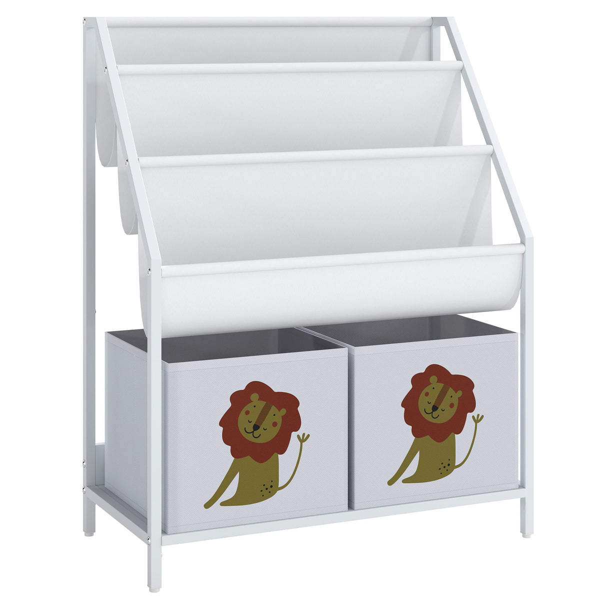 Bibliothèque pour Enfants à 4 Niveaux, Étagère à Livres pour Enfants avec Porte-Livres et Tiroir en Tissu, Blanc-0