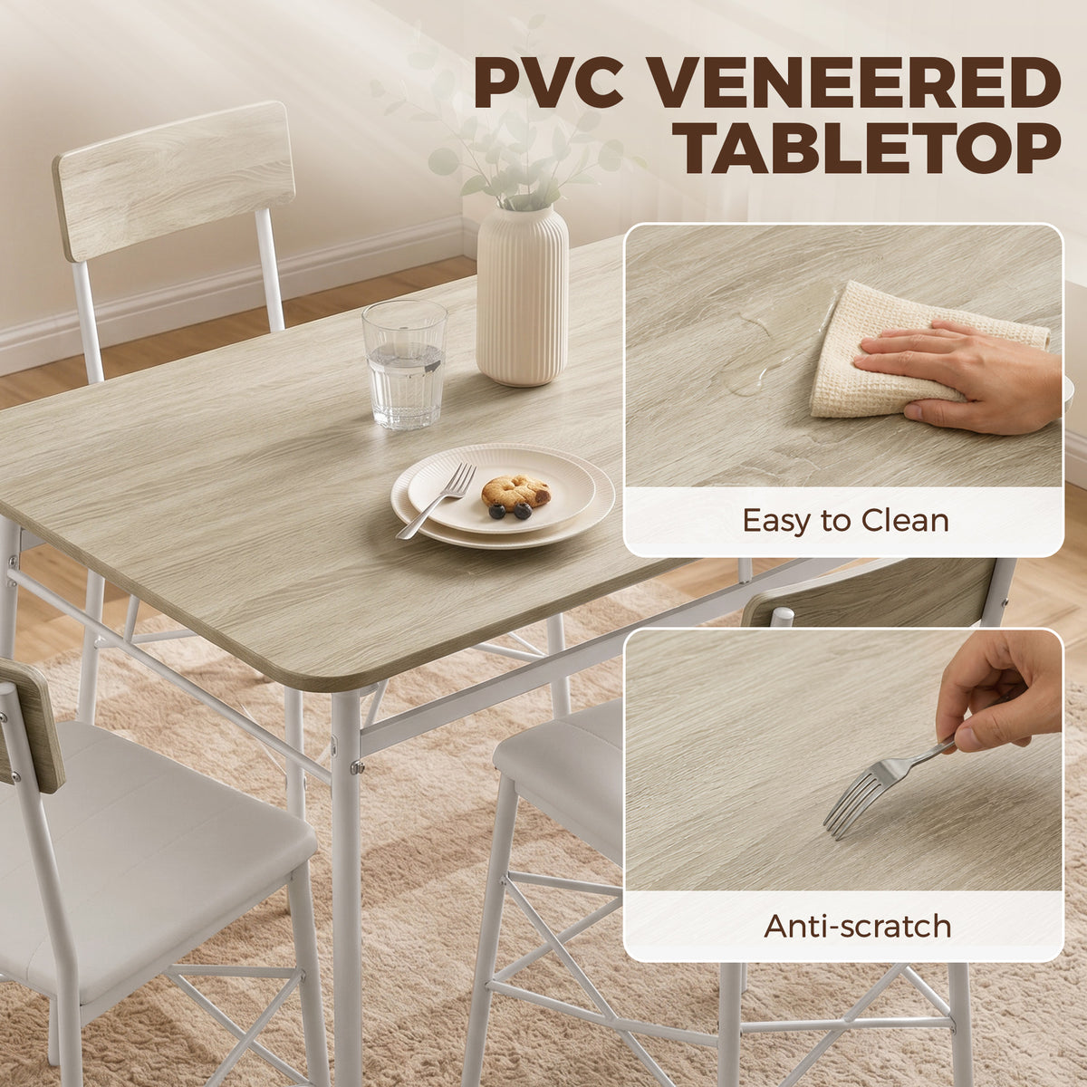 Ensemble Table Salle à Manger avec 2 Chaises et Banc, Assises Rembourrées, pour Salon, Petit Espace, Chêne et Blanc-7