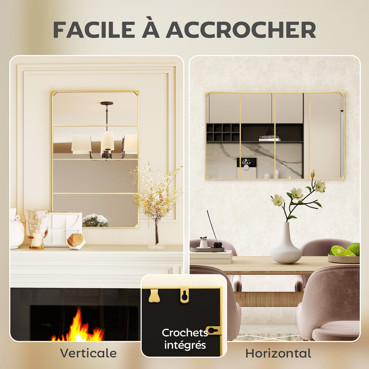 Miroir mural verrière rectangulaire style industriel, horizontal ou vertical avec 4 crochets, en métal doré 109 x 69 cm-4
