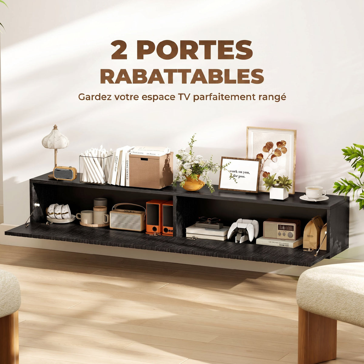 Meuble TV suspendu 140cm, meuble télé pour téléviseur 72 pouces, 2 portes rabattables, 140x25x22cm, noir-4