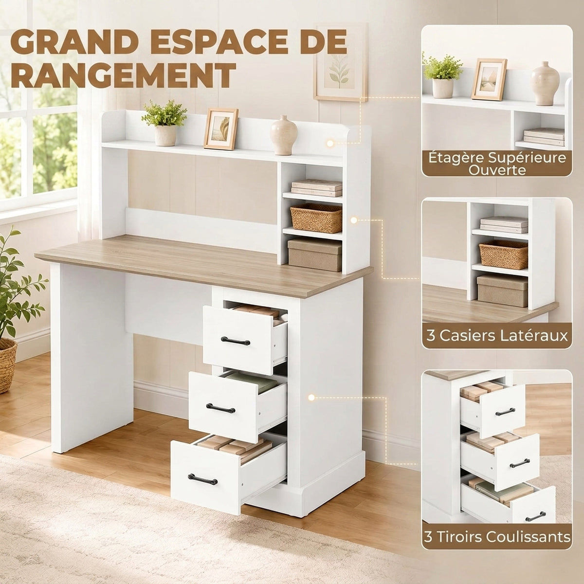 Bureau Informatique avec 3 Tiroirs, 120x55cm, Bureau avec Rangement, Étagères Ouvertes et Large Plateau, Chêne et Blanc-3