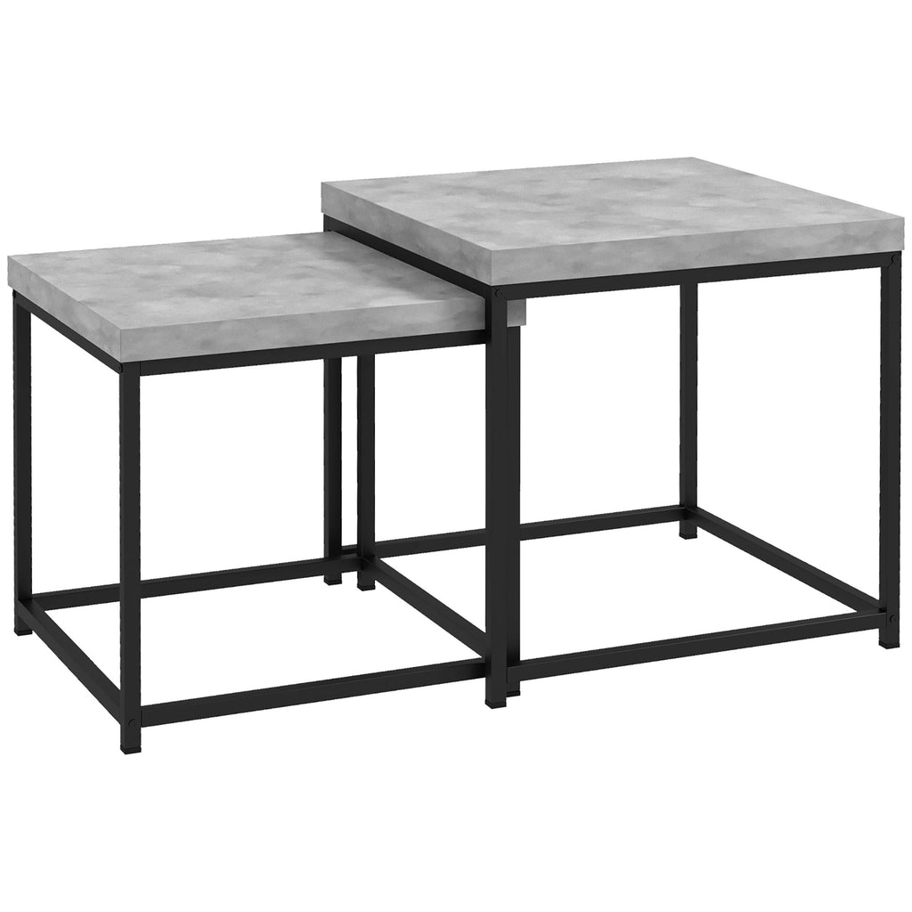 Lot de 2 tables gigognes tables basses carrées tables de salon cadre en acier et plateaux en bois gris-0