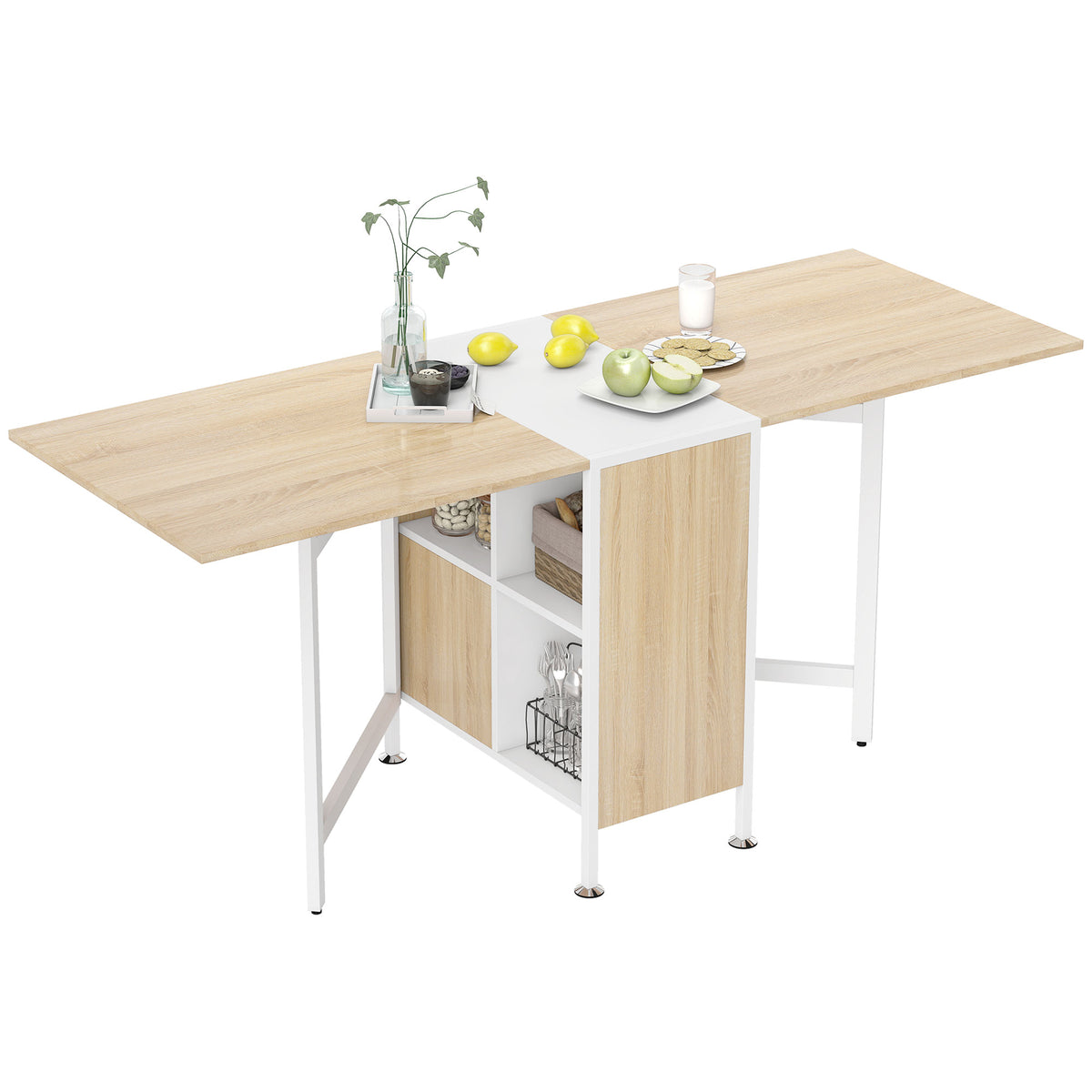 Table pliable de cuisine pour 4 personnes table à manger 4 niches intégrées pour petit espace dim. dépliées 169L x 62l x 75H cm MDF chêne clair acier blanc-0