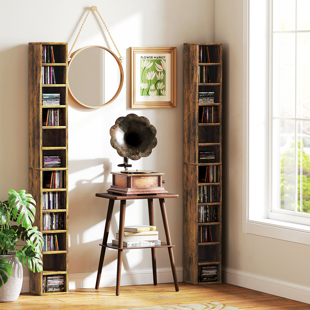 Rangements pour CD et DVD avec 12 compartiments, capacité max. 204 CD, 21 x 20 x 175 cm, brun rustique-7