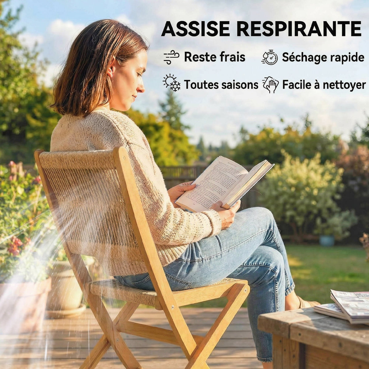Lot de 2 Chaises de Jardin Pliantes Chaises de Balcon en Bois d'Acacia Assise en Corde Tressée Naturel et Beige-3