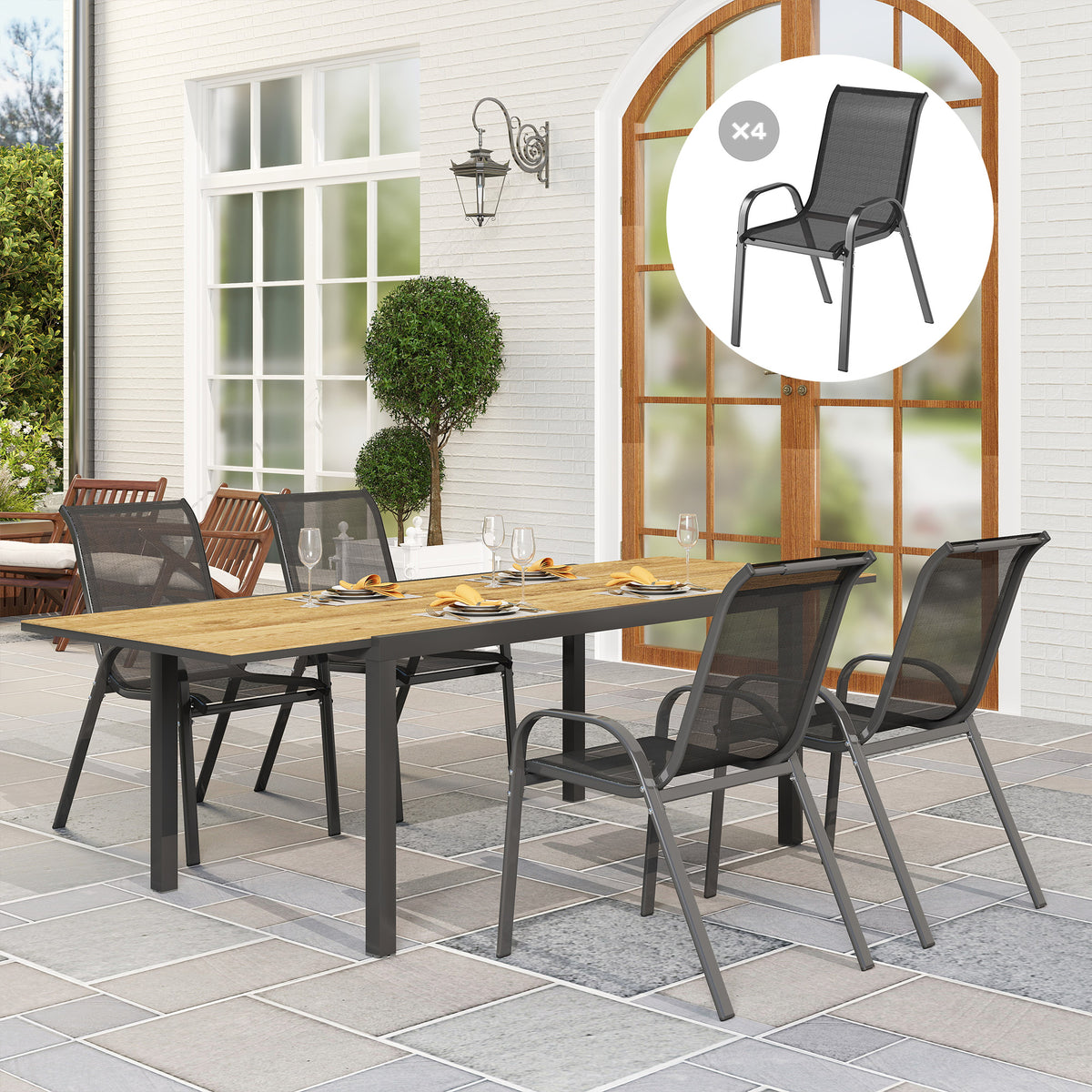 Lot de 4 chaises de jardin chaises empilables dossiers hauts tissu maille respirante cadre acier 54 x 71 x 93 cm noir-1