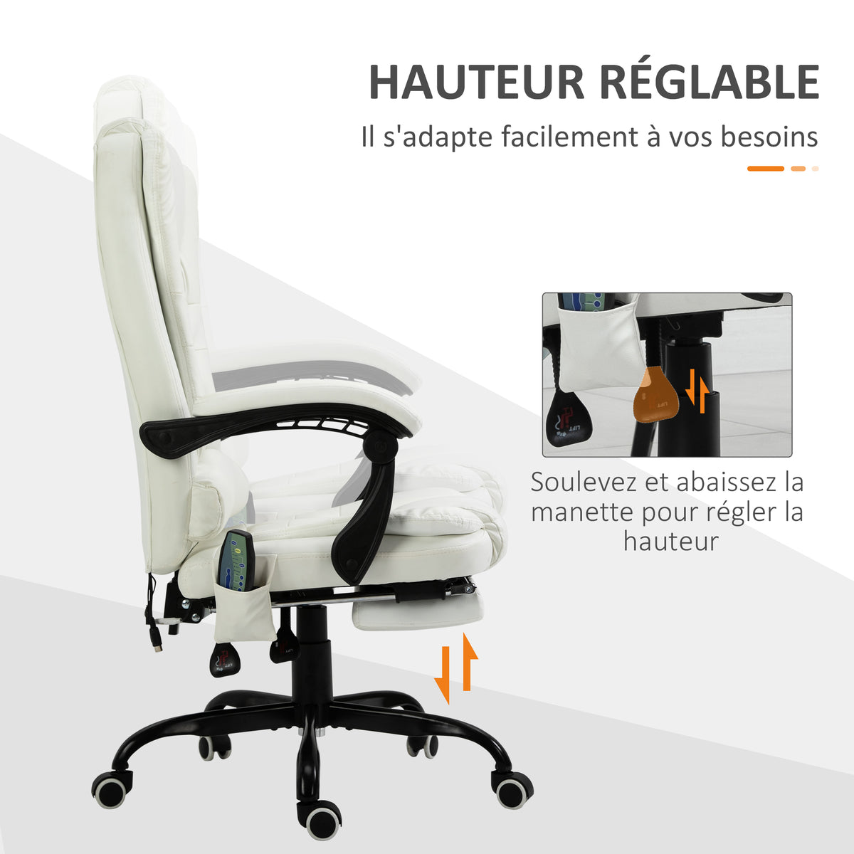Fauteuil de Bureau Massant 7 Points, Chaise de Bureau Ergonomique avec Repose-pieds Rétractable, Dossier Inclinable 155°, Hauteur Réglable, Pivotant à 360°, télécommande Filaire, Blanc-5