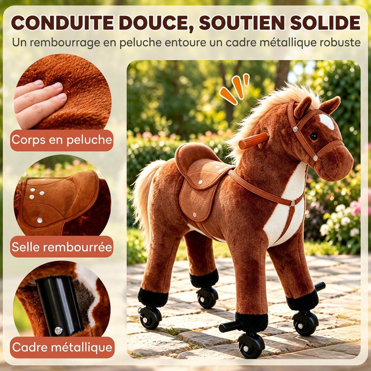 Cheval à Monter pour Enfant, Cheval à Roulettes en Peluche, Sons Réalistes, Poignée, 75 cm de Haut, Marron-3