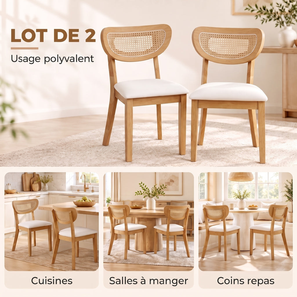 Lot de 2 Chaises de Salle à Manger, Chaises de Cuisine Rembourrées en Lin, Dossier à Effet Rotin et Pieds d'Hévéa, Beige-3