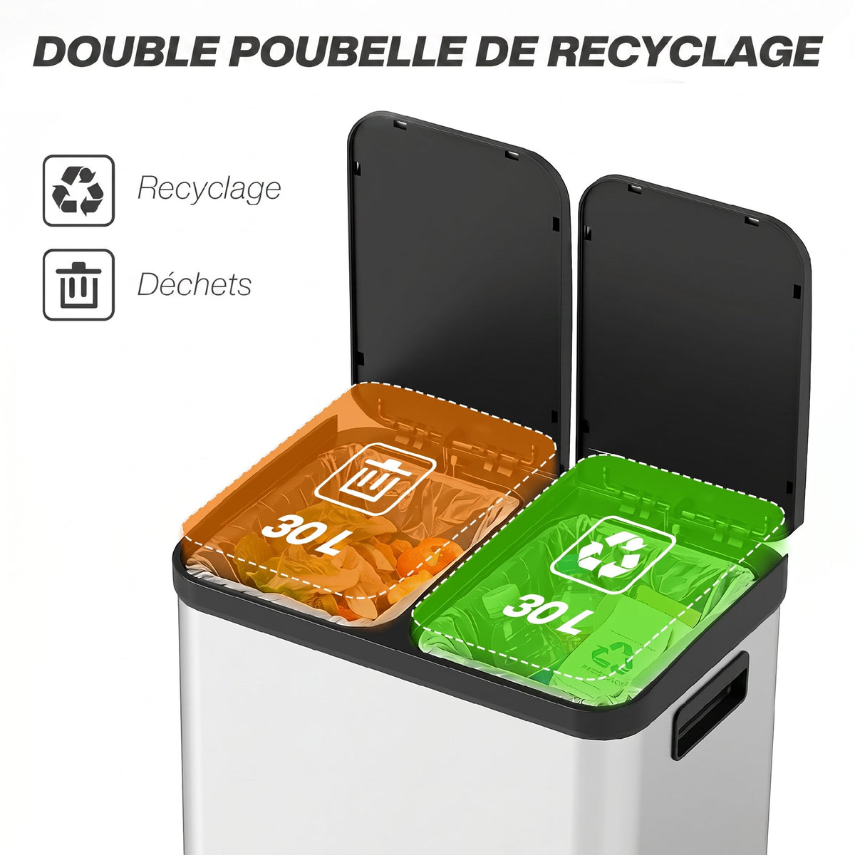 Poubelle de cuisine à double compartiment 2 x 30L avec pédale en acier inoxydable, couvercle à fermeture douce, argent-3