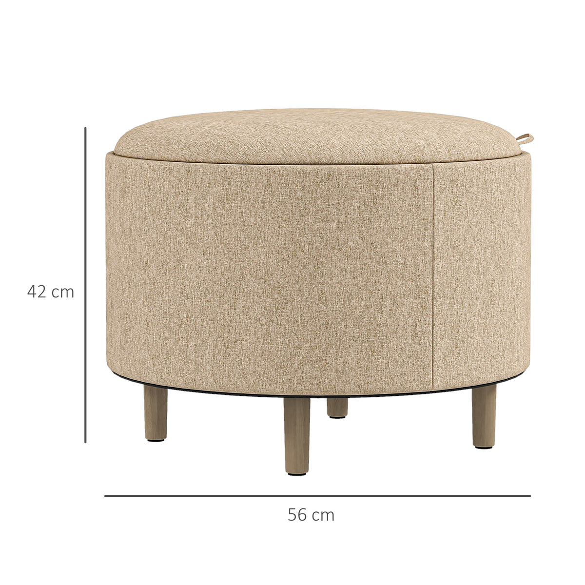 Pouf rond repose-pieds tabouret avec coffre de rangement, plateau réversible, meuble 3 en 1 pied en bois beige-2