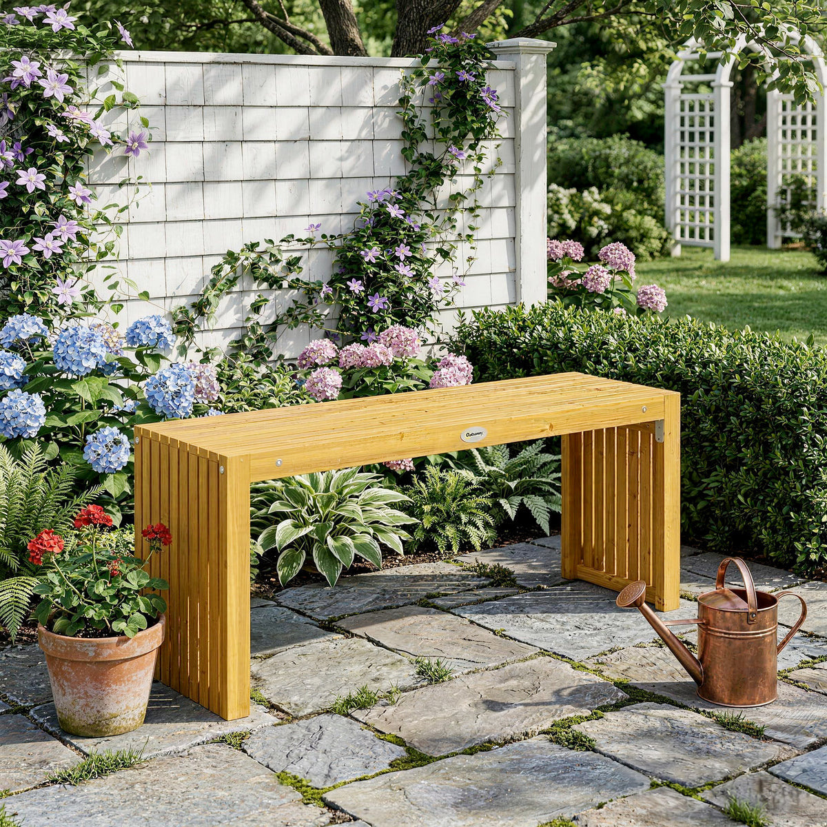 Banc de Jardin en Bois d'Acacia sans Dossier 2 Places, Assise à Lattes Effet Bois, 110x30x45cm, Bois naturel-1