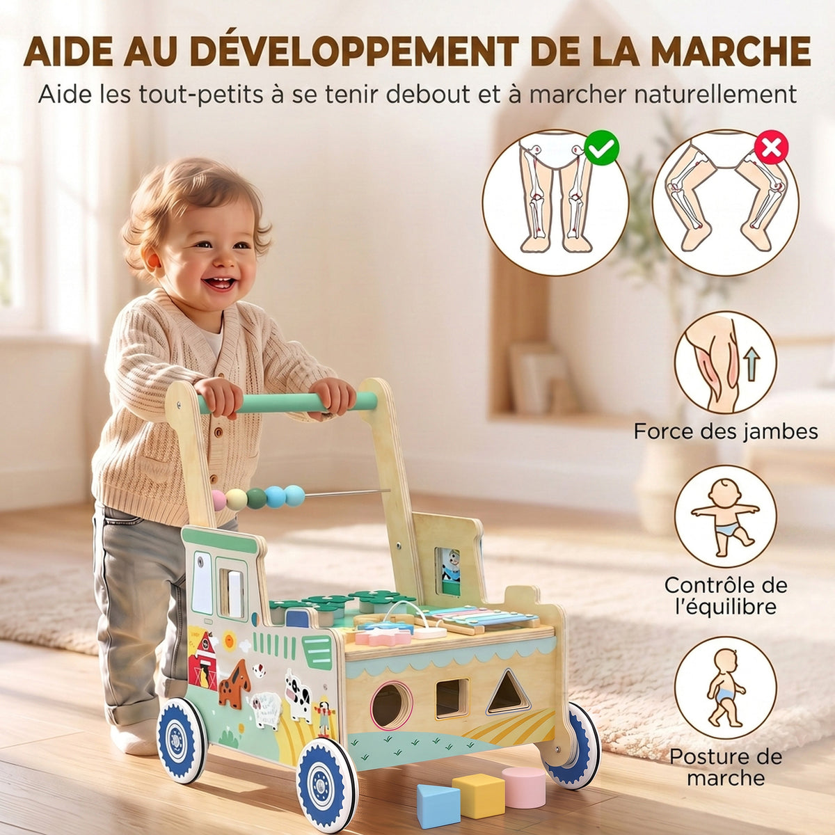 Trotteur Bebe en Bois, Chariot de Marche Bébé, Centre d'Activités, Espace de Rangement, Vert-4