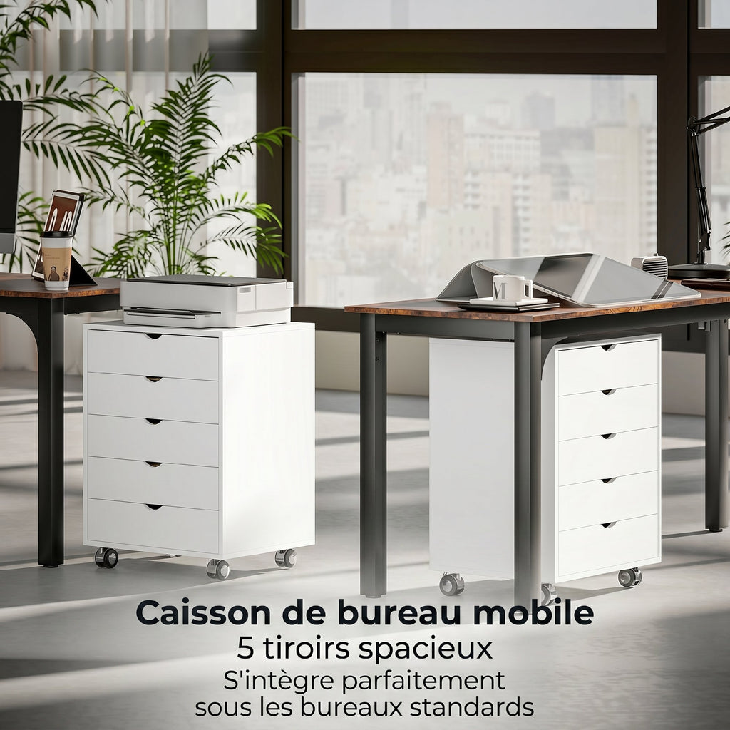 Caisson bureau mobile avec 5 tiroirs, meuble rangement bureau à roulettes pour documents A3/Lettre/A4, blanc-7