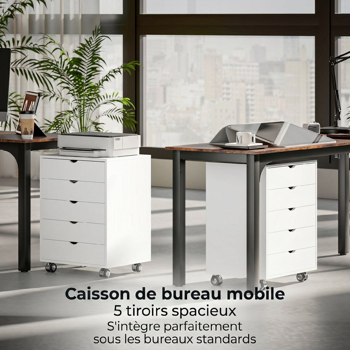 Caisson bureau mobile avec 5 tiroirs, meuble rangement bureau à roulettes pour documents A3/Lettre/A4, blanc-7