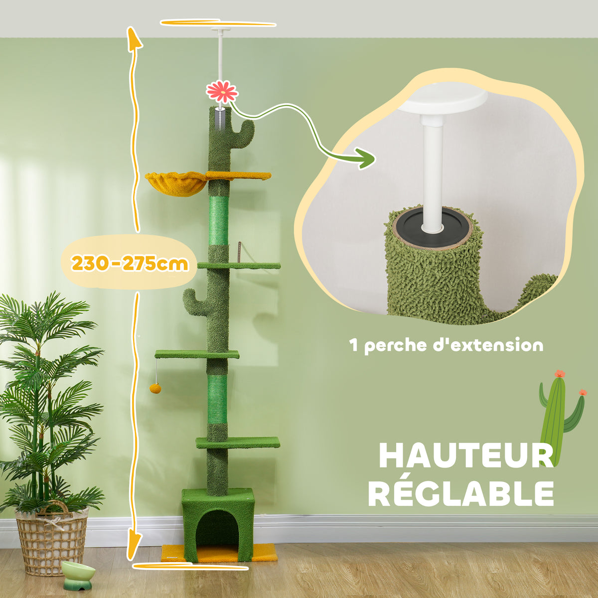 Arbre à chat, hauteur 275cm, 6 niveaux pour chat d'intérieur, du sol au plafond, avec plate-formes, niche, hamac, vert-3