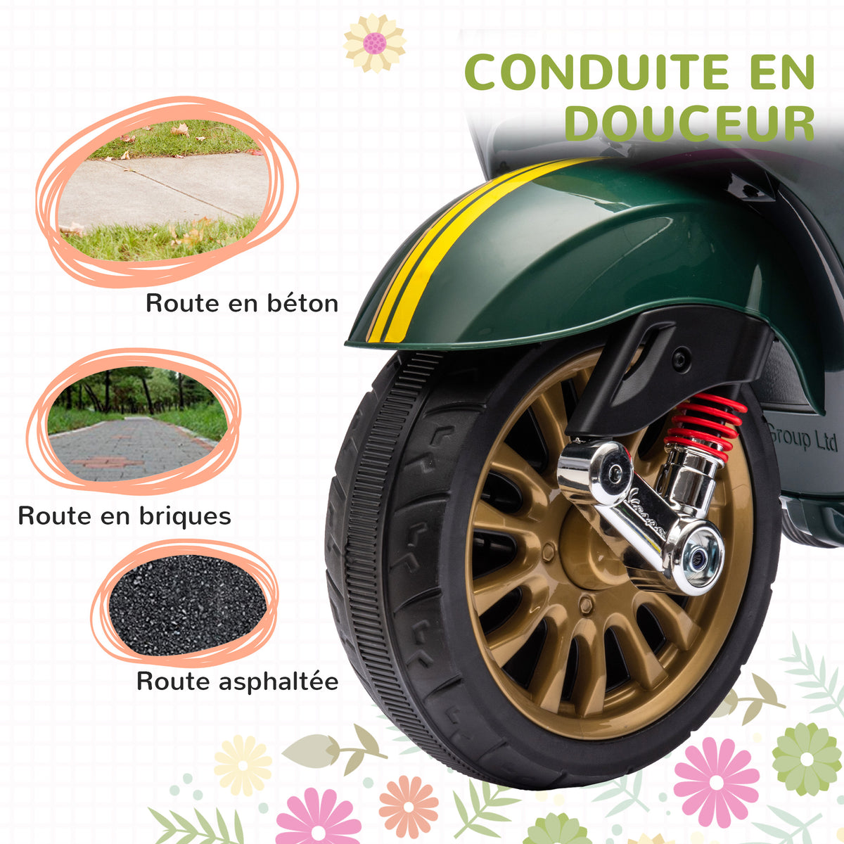 Scooter électrique enfant Vespa 6 V dim. 107L x 47l x 73H cm Musique MP3 Port USB Phare 2 roues d'entraînement - Vert-6