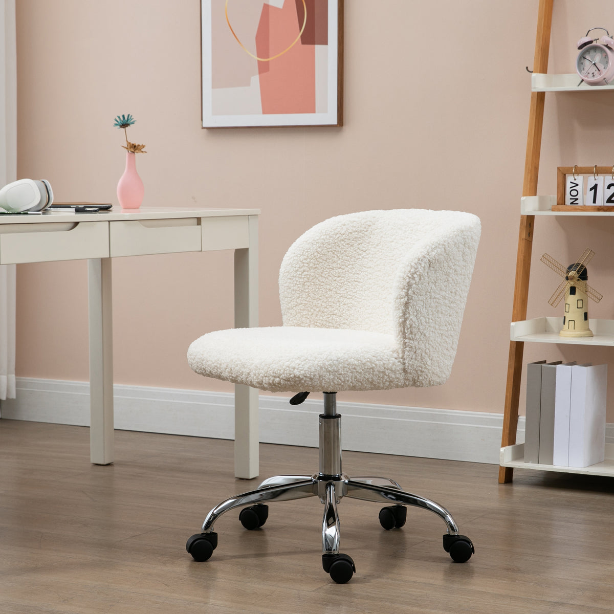 Chaise de bureau sans accoudoir en toison d'agneau hauteur réglable pivotant à 360 ° charge max. 120 Kg blanc-1