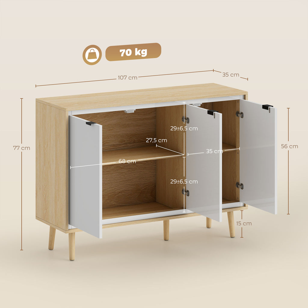 Buffet à haute brillance, meuble de rangement avec 3 portes, étagères réglables, 107 x 35 x 77 cm, blanc et chêne-2