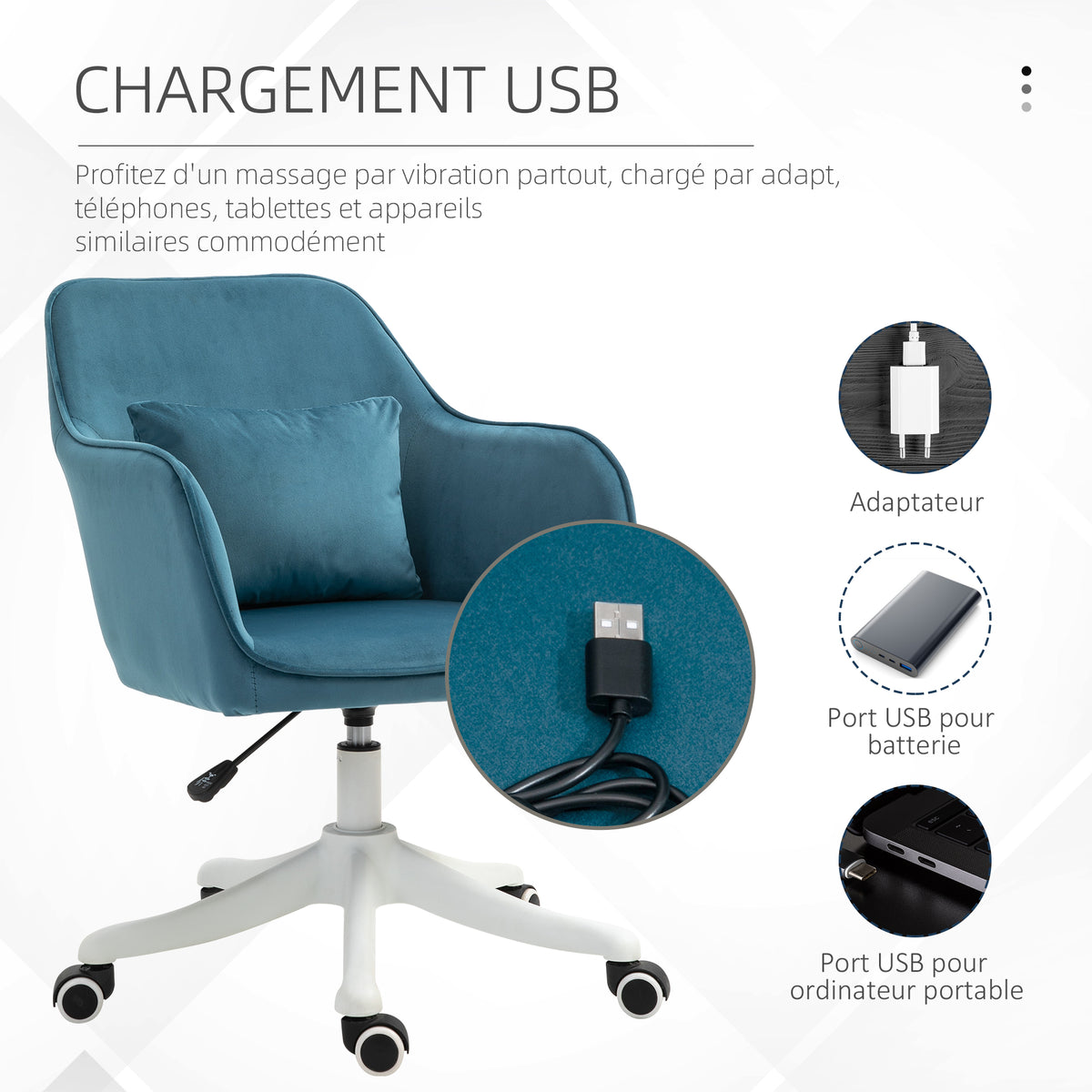 Chaise de bureau velours fauteuil bureau massant coussin lombaire intégré hauteur réglable pivotante 360° bleu-3
