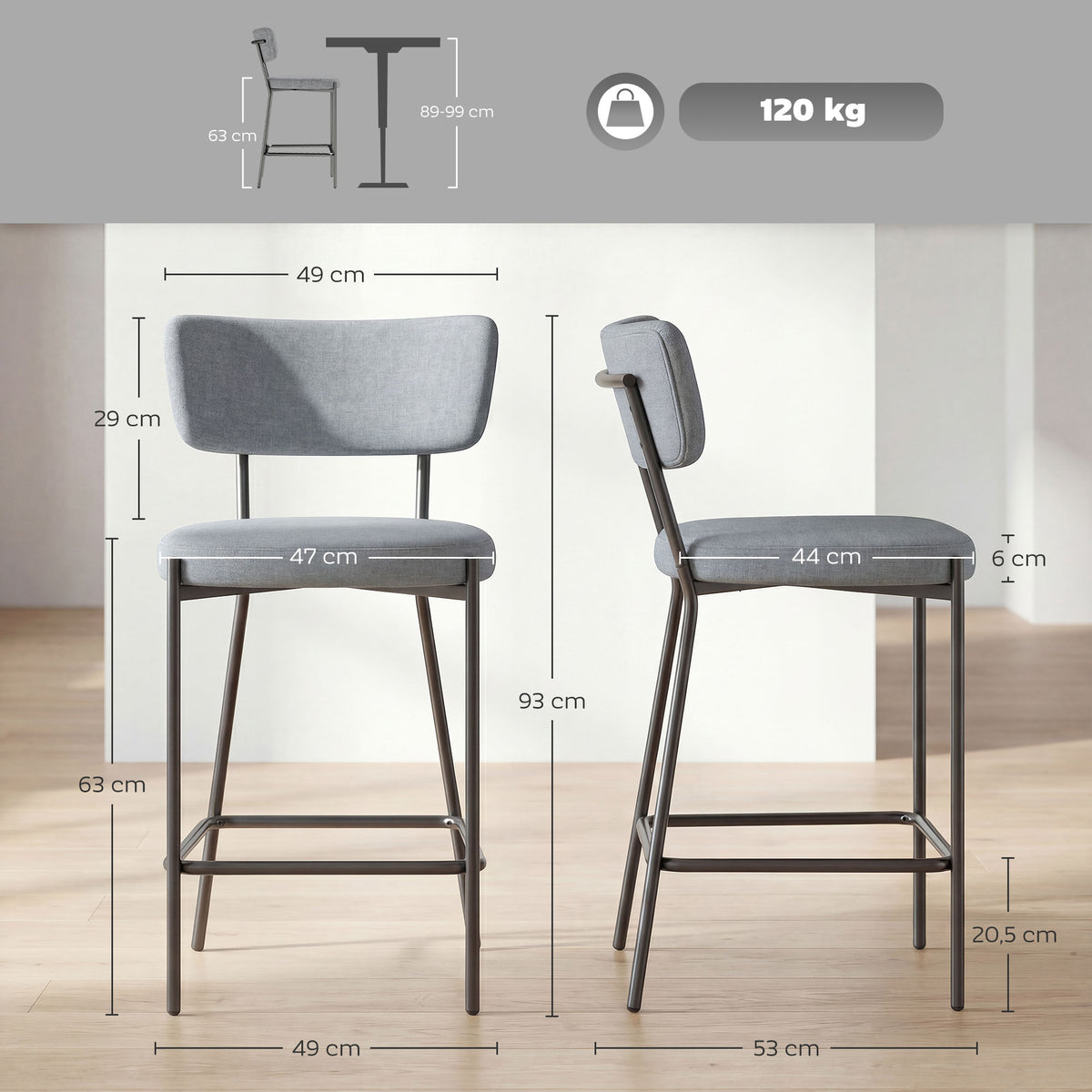 Lot de 2 tabourets de bar, chaises de bar, assise rembourrée, dossier courbé et repose-pieds, 49 x 53 x 93 cm, gris-2