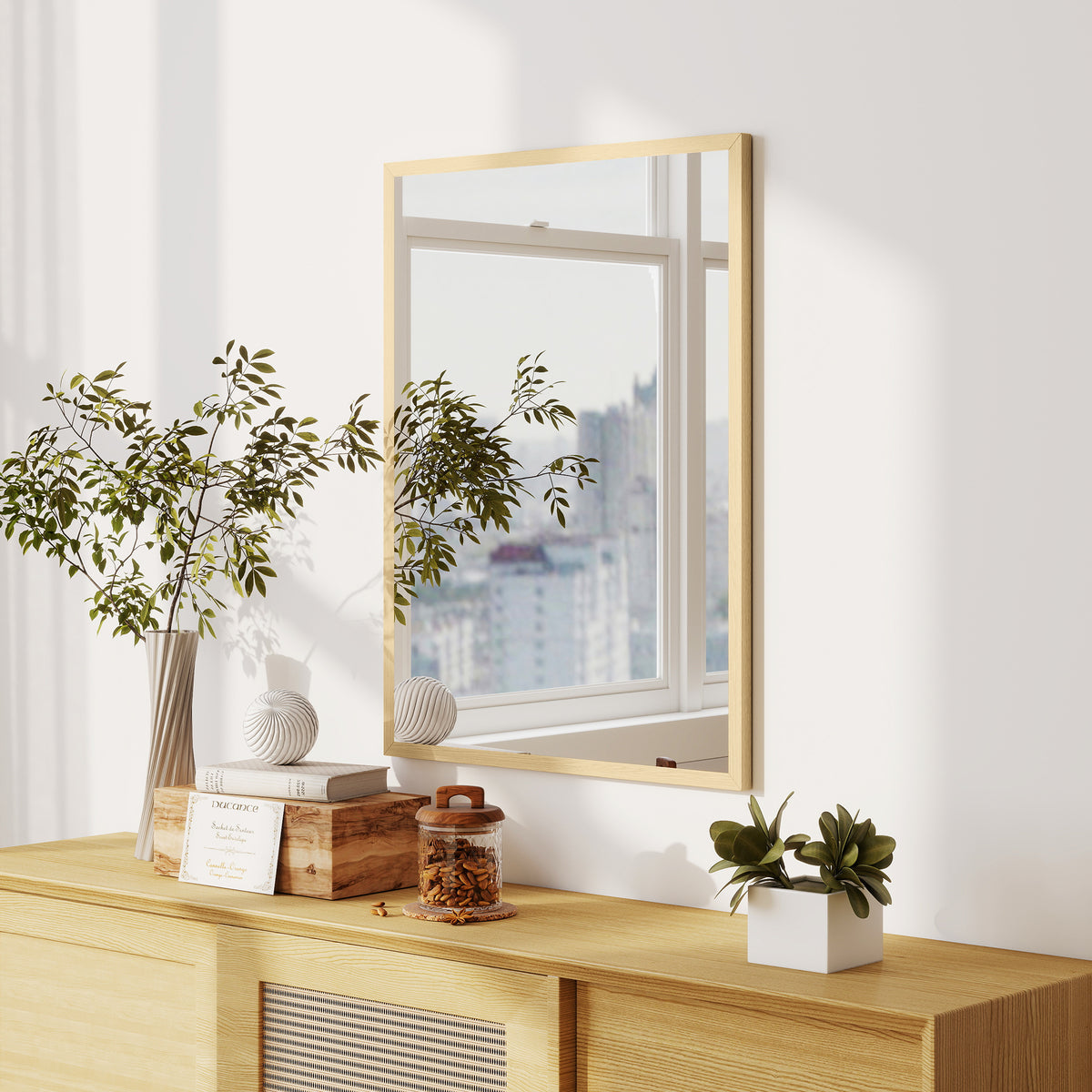Miroir mural rectangulaire 80 x 60 cm, cadre en bois naturel, idéal pour la salle de bain, salon ou chambre-8