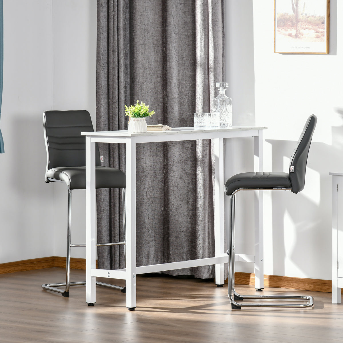 Table de bar table haute de cuisine mange-debout 120 x 40 x 100 cm châssis piètement acier, plateau aspect marbre blanc-1