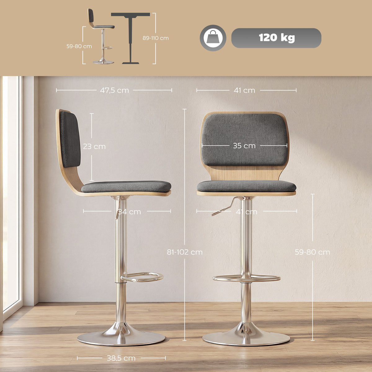 Lot de 2 tabourets de bar chaises de bar réglable en hauteur dossier repose-pieds pivotant 360° 41x47,5x81-102cm gris-2
