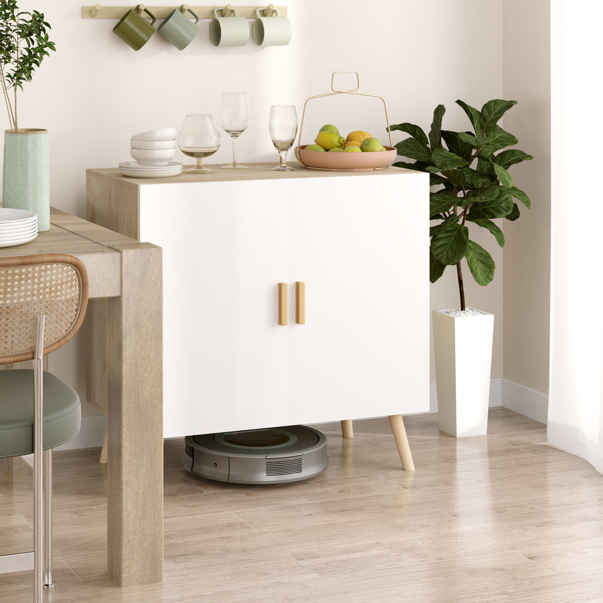 Buffet meuble de rangement avec poignées en bambou étagère ajustable base surélevée 76 x 41,2 x 74 cm blanc bois naturel-6