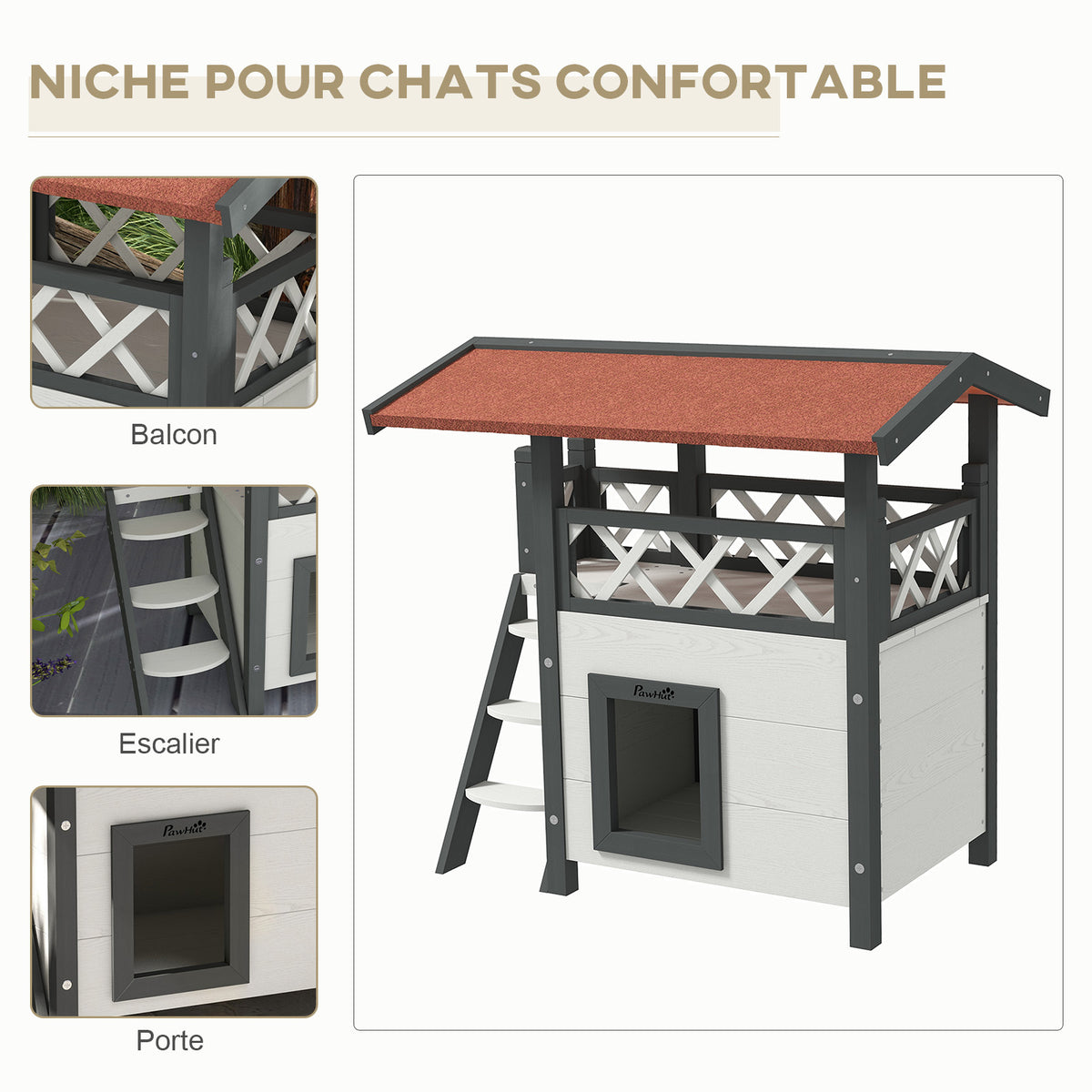 Cabane Chat Extérieur avec Terrasse, Escalier, Toit, Niche Villa, 77 x 50 x 73 cm Blanc et Rouge-3