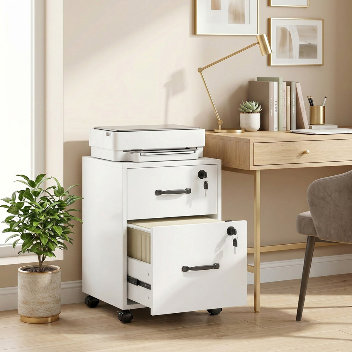 Caisson bureau mobile à 2 tiroirs, meuble rangement bureau sur roulettes pour documents suspendus format lettre, blanc-8