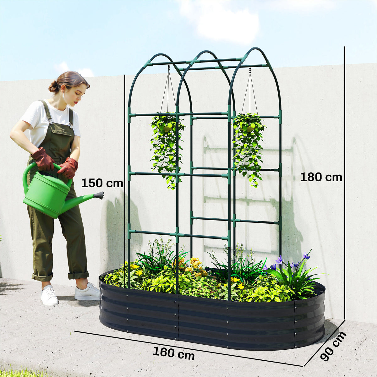 Jardinière avec treillis arqué, bac à fleurs en métal avec fond ouvert, gants inclus, 160x90x180cm, gris foncé-2