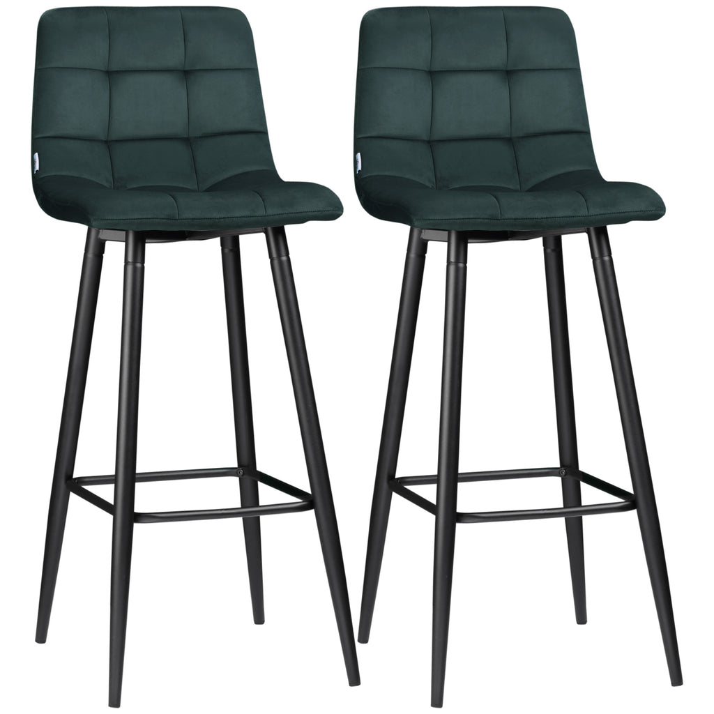 Lot de 2 tabourets de bar design surface en velours capitonné et pieds en acier hauteur 77 cm vert foncé-0