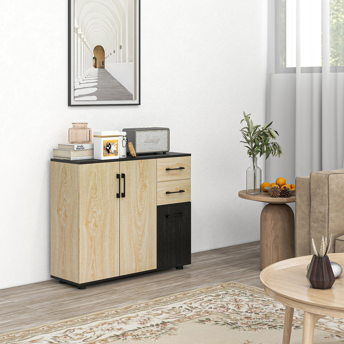 Meuble buffet de rangement cuisine 2 placards étagère réglable 2 tiroirs 90 x 30 x 75,5 cm naturel noir-1