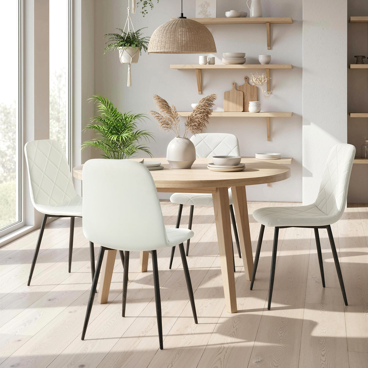 Lot de 4 chaises de salle à manger rembourrées avec dossier haut, pieds en acier et tissu effet velours, crème-8