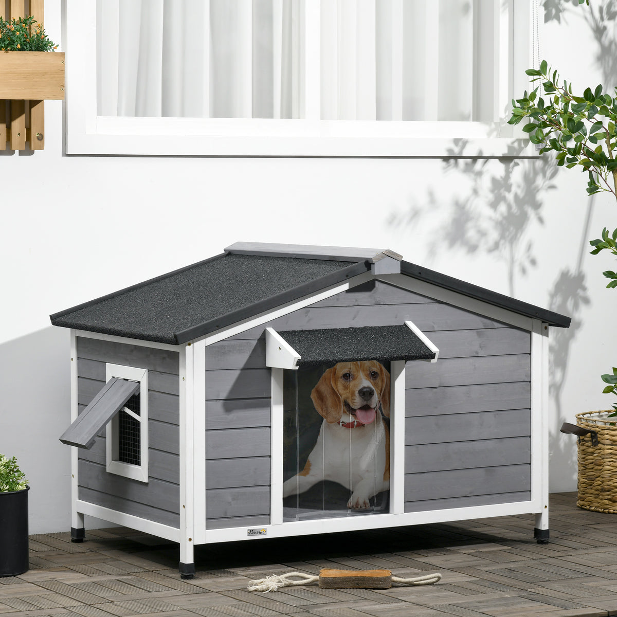 Niche chien style cottage - 2 fenêtres, porte, toit ouvrant bitumé - dim. 109 x 79 x 72 cm - bois sapin gris-9
